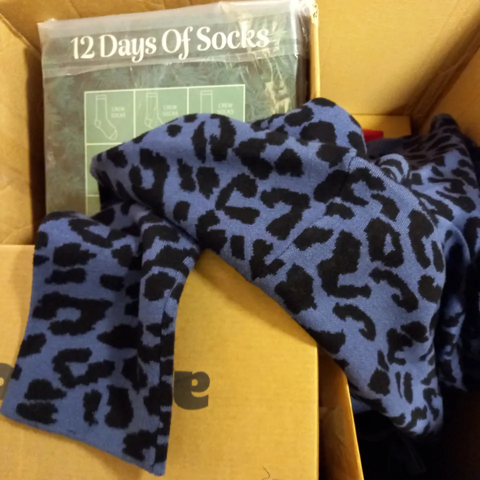 BOX OF APPROXIMATELY 10 ASSORTED ITEMS TO INCLUDE - KIPLING BAG , SANDALS , 12 DAYS OF SOCKS ETC