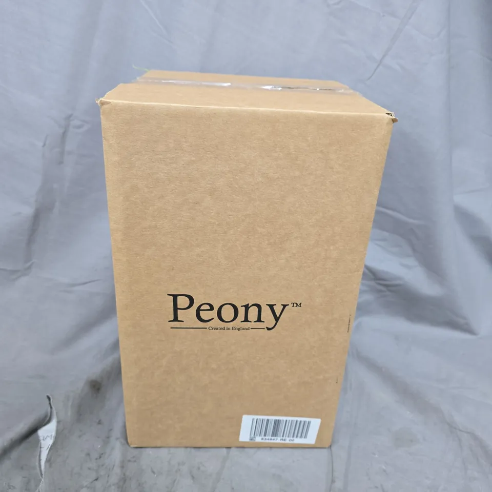 Peony decorative artificial floral arrangement in wicker basket with glass bottles