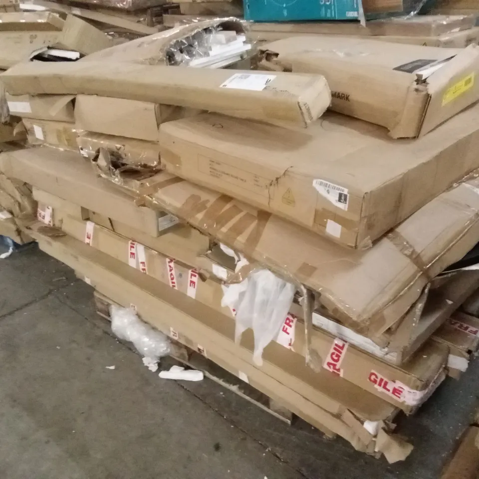 PALLET OF DESIGNER HOME FURNITURE PARTS AND PIECES; TABLE, BED, WARDROBE PARTS ETC