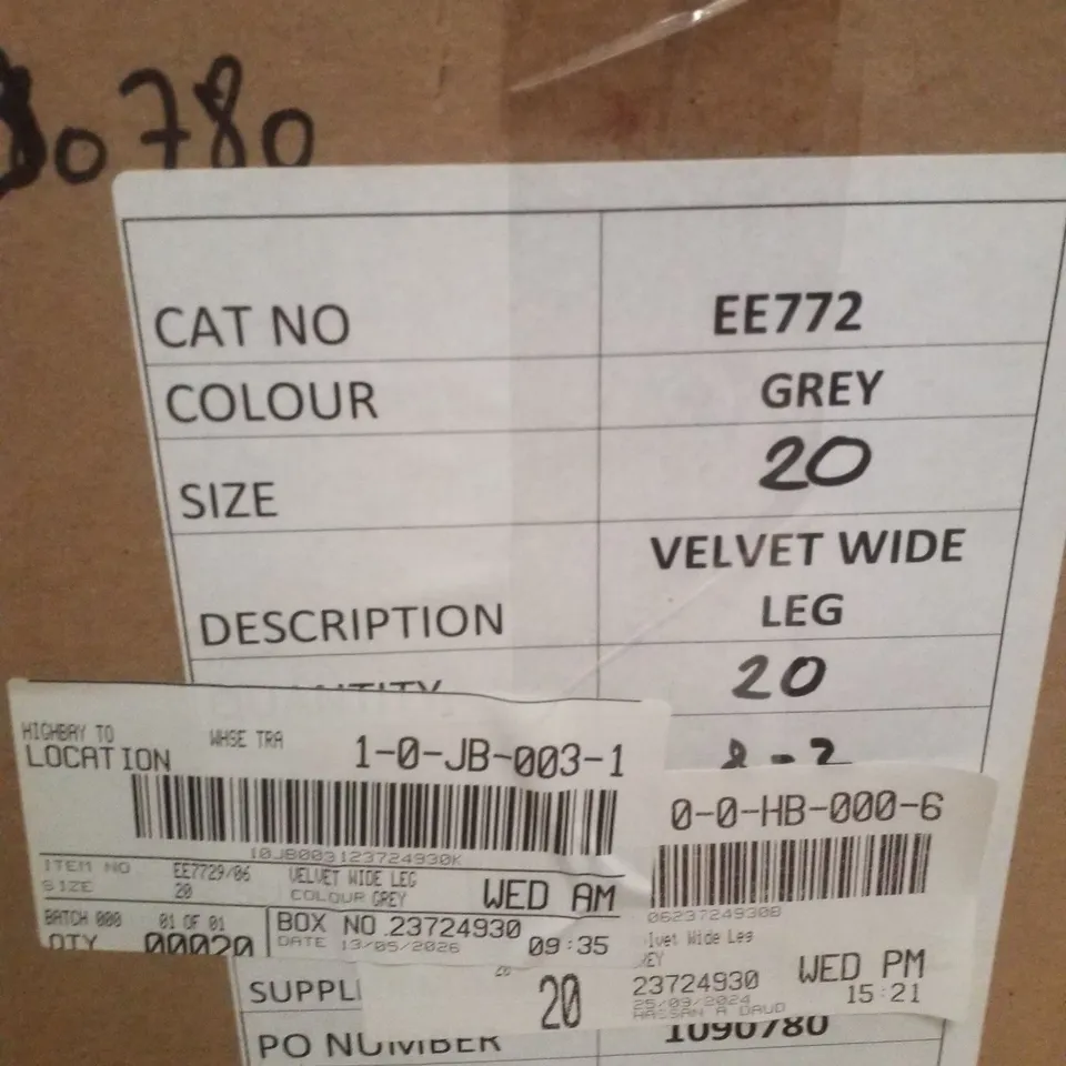 BOX CONTAINING APPROXIMATELY 20 BRAND NEW JD WILLIAMS GREY VELVET WIDE LEG TROUSERS - SIZE 20