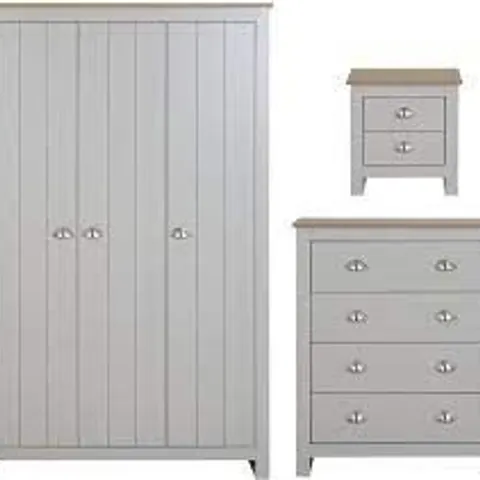 BOXED ATLANTA 3 PIECE PACKAGE - 2 DOOR WARDROBE, 4 DRAWER CHEST AND 2 DRAWER BEDSIDE CHEST - LIGHT GREY/OAK  (2 BOXES)