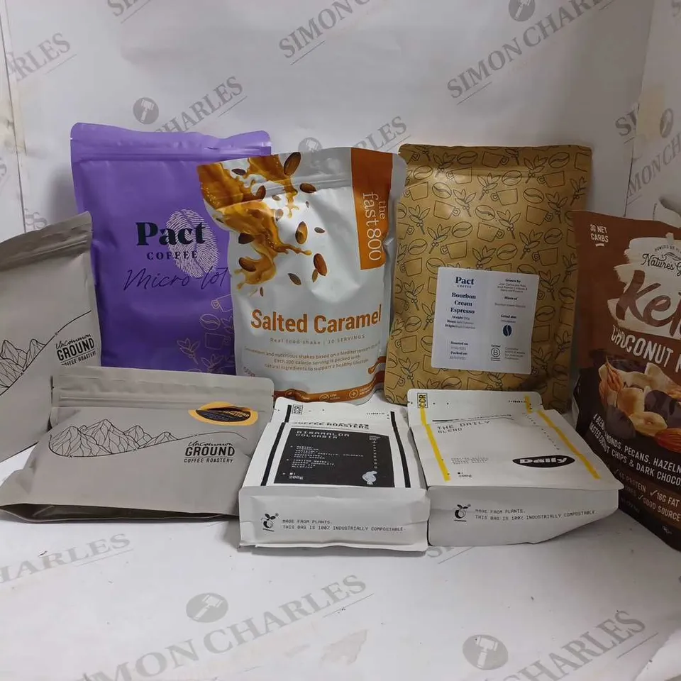 LOT OF APPROXIMATELY 9 ITEMS TO INCLUDE THE FAST800 SALTED CARAMEL REAL FOOD SHAKE (10 SERVINGS), PACT COFFEE BOURBON CREAM ESPRESSO (250g), UNCOMMON GROUND COFFEE ROASTERY ORIGINAL ESPRESSO (250g), E