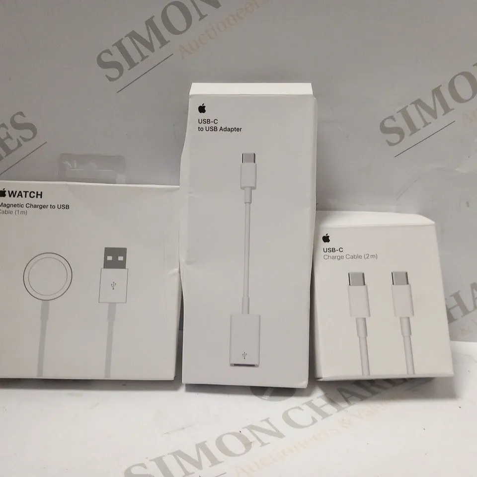 5 ASSORTED APPLE PRODUCTS TO INCLUDE; USB-C TO USB ADAPTER, USB-C CHARGE CABLE AND MAGNETIC CHARGER TO USB