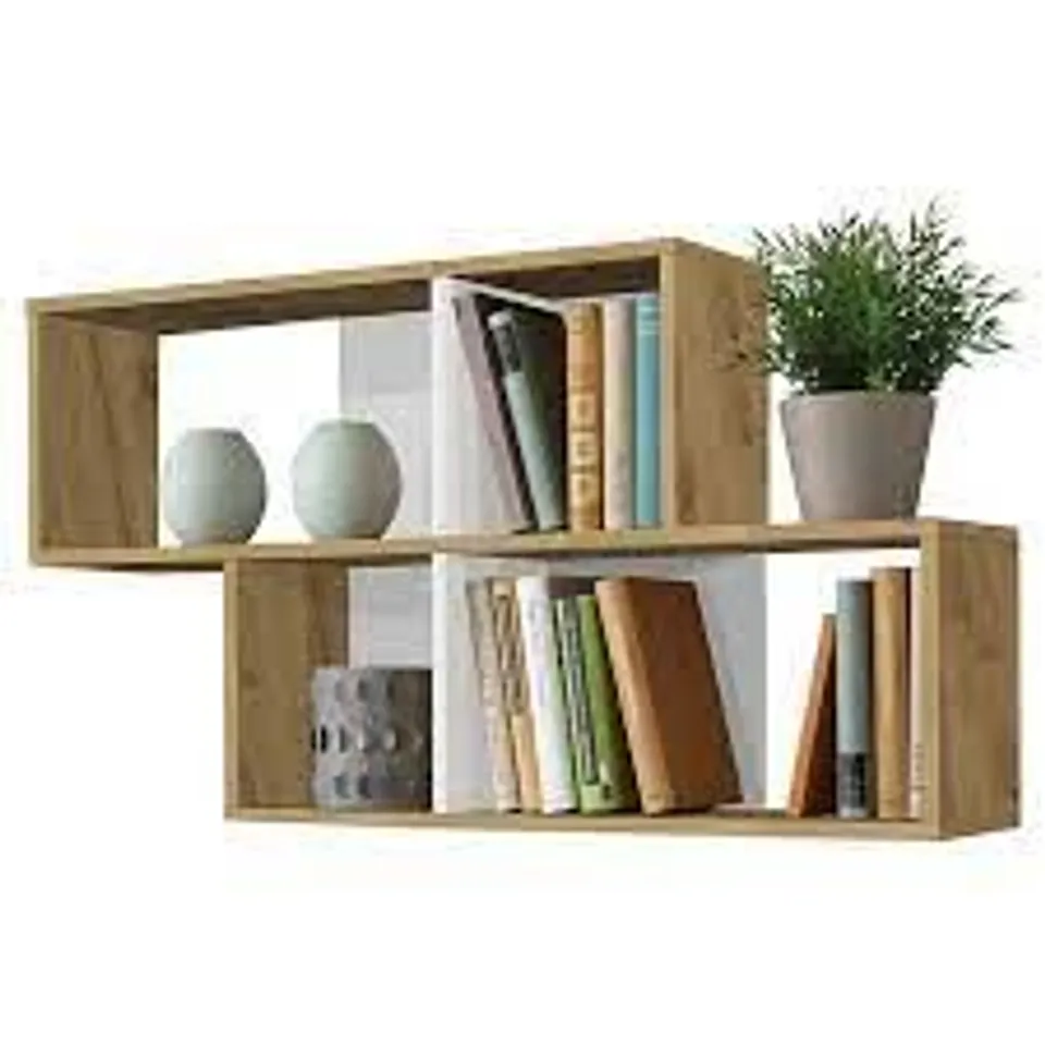 BOXED FMD FURNITURE WALL-MOUNTED SHELF WITH 4 COMPARTMENTS SAND OAK/WHITE (1 BOX)