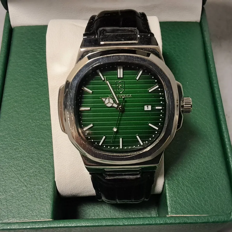 FRANK SCHMIDT STAINLESS STEEL GREEN FACED GENTS WATCH WITH BLACK LEATHER STRAP 