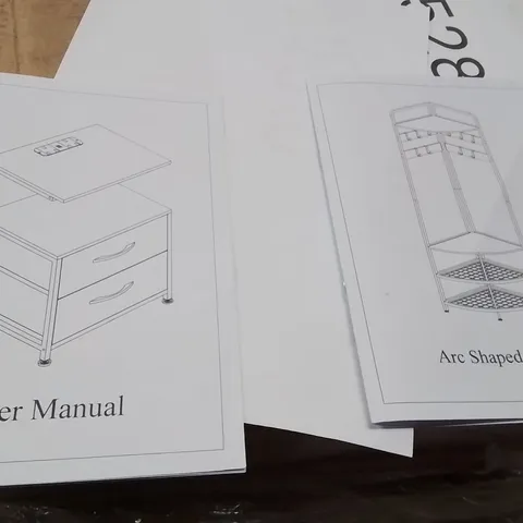 PALLET CONTAINING A LARGE QUANTITY OF FLATPACKED PRODUCTS TO INCLUDE;BEDSIDE TABLE WITH SOCKETS,ARC SHAPED COAT RACK