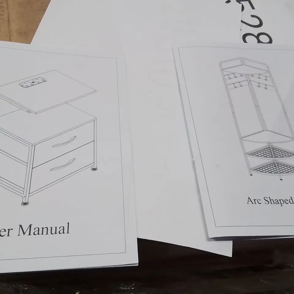 PALLET CONTAINING A LARGE QUANTITY OF FLATPACKED PRODUCTS TO INCLUDE;BEDSIDE TABLE WITH SOCKETS,ARC SHAPED COAT RACK
