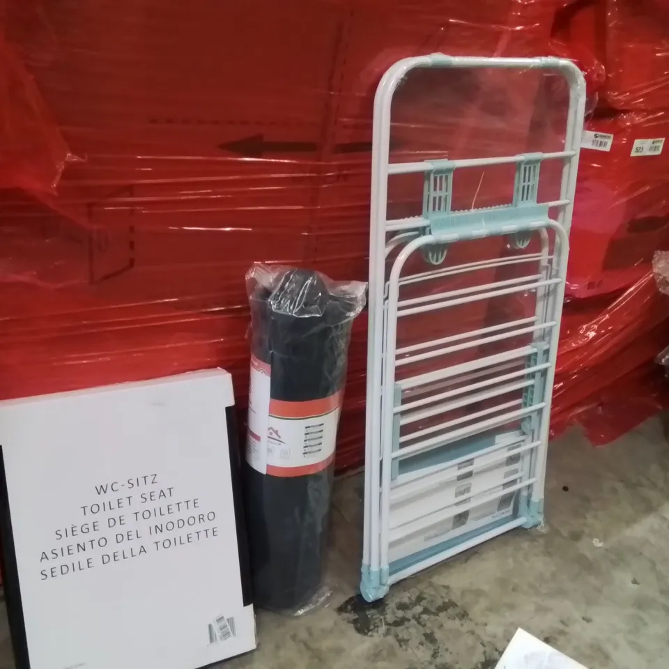 PALLET OF ASSORTED HOUSEHOLD GOODS AND PRODUCTS TO INCLUDE;AREA RUG,TOILET SEAT,CLOTHES AIRER 