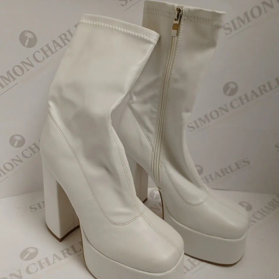 KOI VEGAN ATLIS HEELED WHITE SOCK BOOTS - SIZE 6