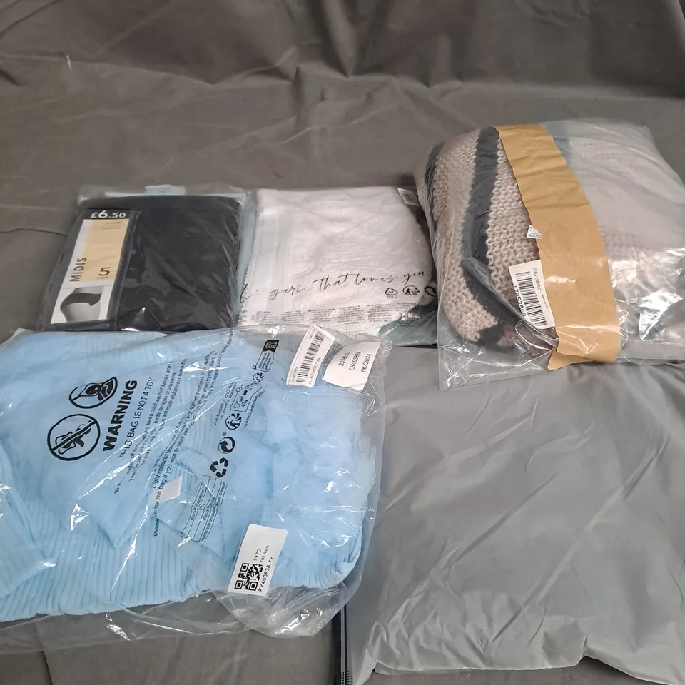 BOX OF APPROXIMATELY 25 ASSORTED CLOTHING ITEMS IN VARIOUS STYLES AND SIZES TO INCLUDE TROUSES, TOPS, DRESSES ETC