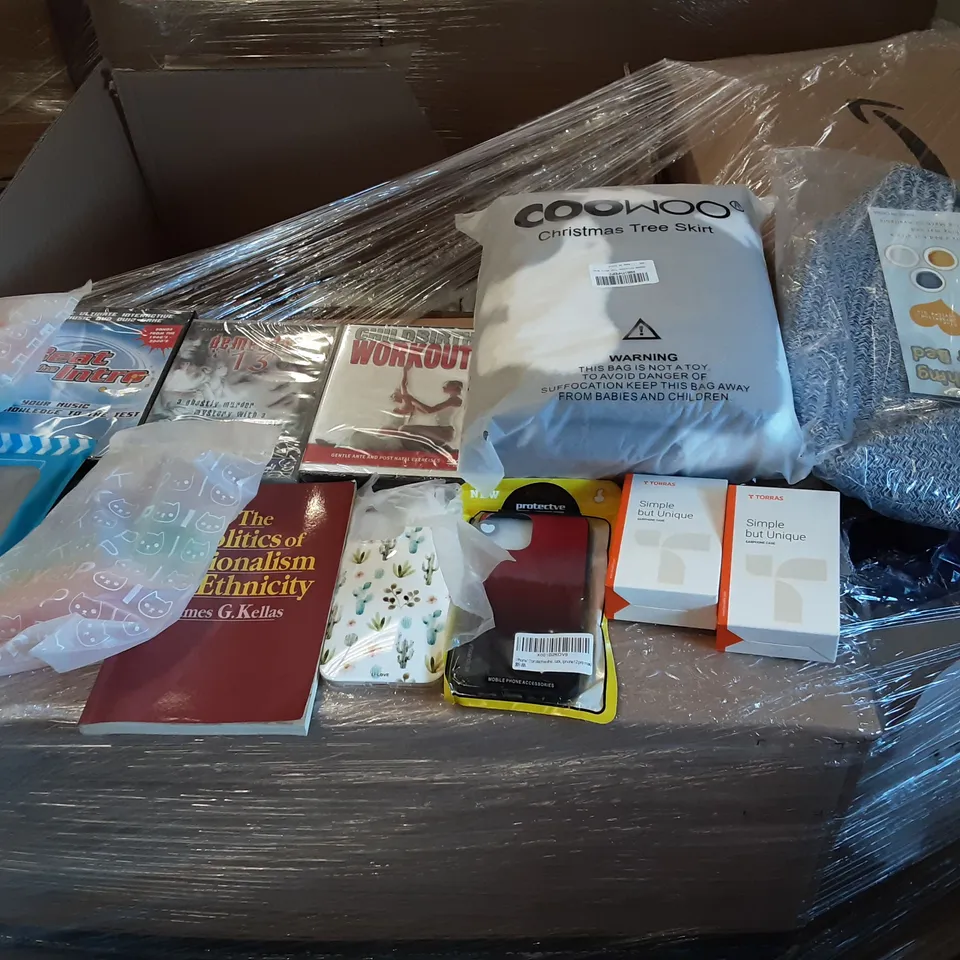 PALLET OF ASSORTED PRODUCTS INCLUDING BEAT THE INTRO QUIZ GAME, THE POLITICS OF NATIONALISM AND ETHNICITY, TORRAS EARPHONE CASE, CHILDBIRTH WORKOUT DVD, CAT SCRATCHING NEST BED, CHRISTMAS TREE SHIRT