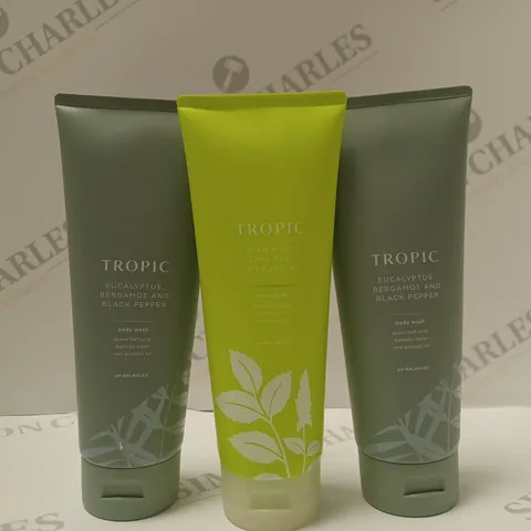 BOX OF 3 ASSORTED TROPIC BODY WASH PRODUCTS TO INCLUDE EUCALYPTUS/BERGAMOT/BLACK PEPPER & WILD MINT/LIME/PINEAPPLE
