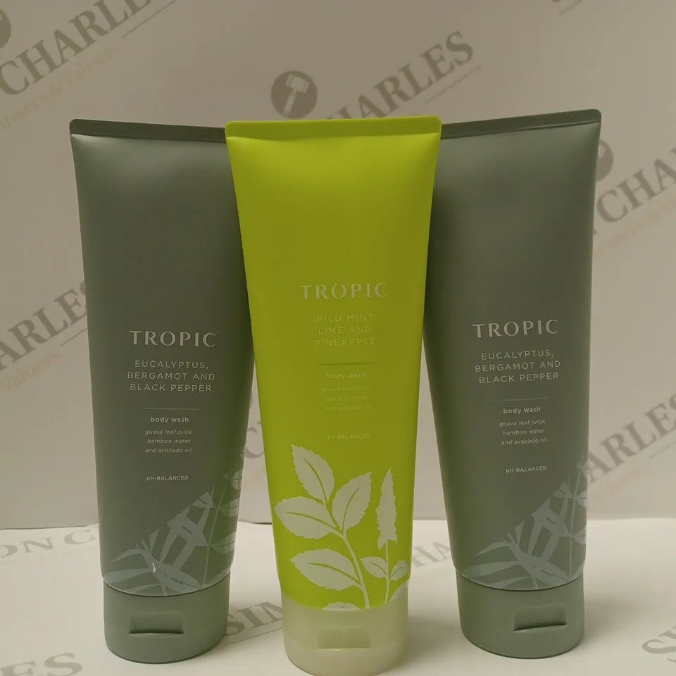 BOX OF 3 ASSORTED TROPIC BODY WASH PRODUCTS TO INCLUDE EUCALYPTUS/BERGAMOT/BLACK PEPPER & WILD MINT/LIME/PINEAPPLE
