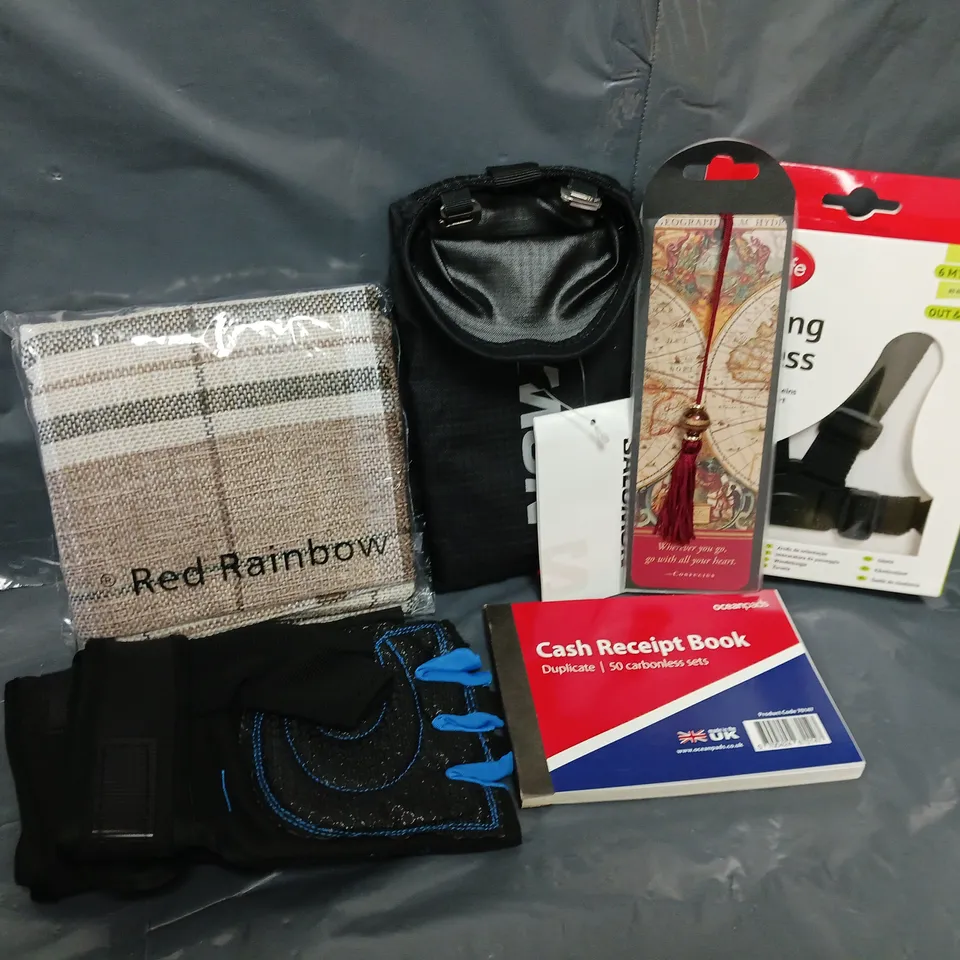 APPROXIMATELY 12 ASSORTED HOUSEHOLD ITEMS TO INCLUDE RECEIPT BOOK, SALOMON QUIVER, WALKING HARNESS, ETC