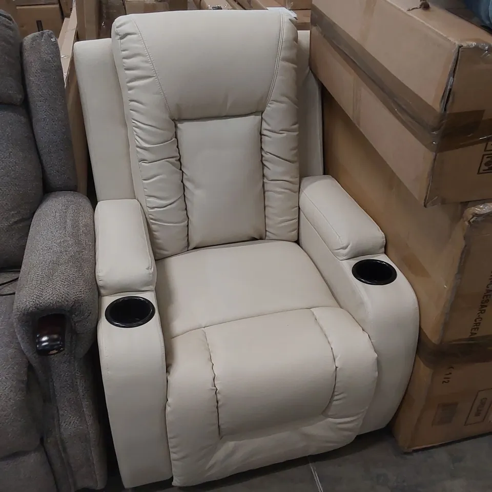 DESIGNER CREAM FAUX LEATHER RECLINING EASY CHAIR WITH CUP HOLDERS