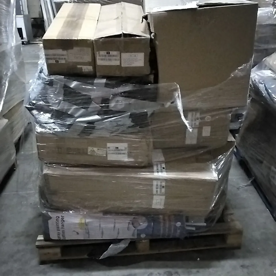 PALLET OF HOUSEHOLD ITEMS TO INCLUDE LEVELLING RAMPS, MOTORCYCLE WHEEL CHOCK, STAINLESS STEEL CLOTHES HANGER AND OTHER ASSORTED...