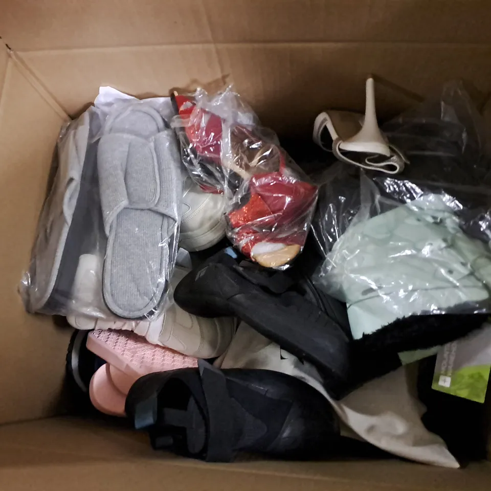 BOX OF ASSORTED SHOES IN VARIOUS COLOUR, STYLES AND SIZES