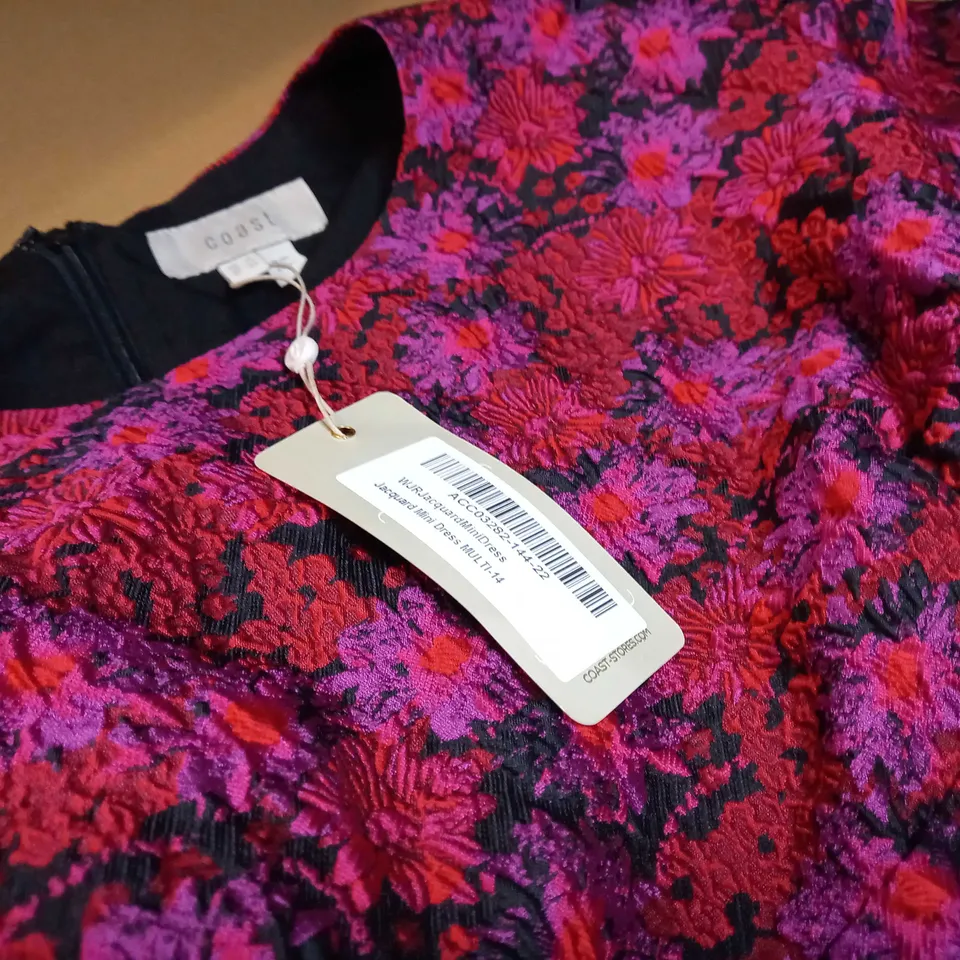 COAST RED/BLACK/PURPLE JACQUARD MINI DESS - SIZE 14