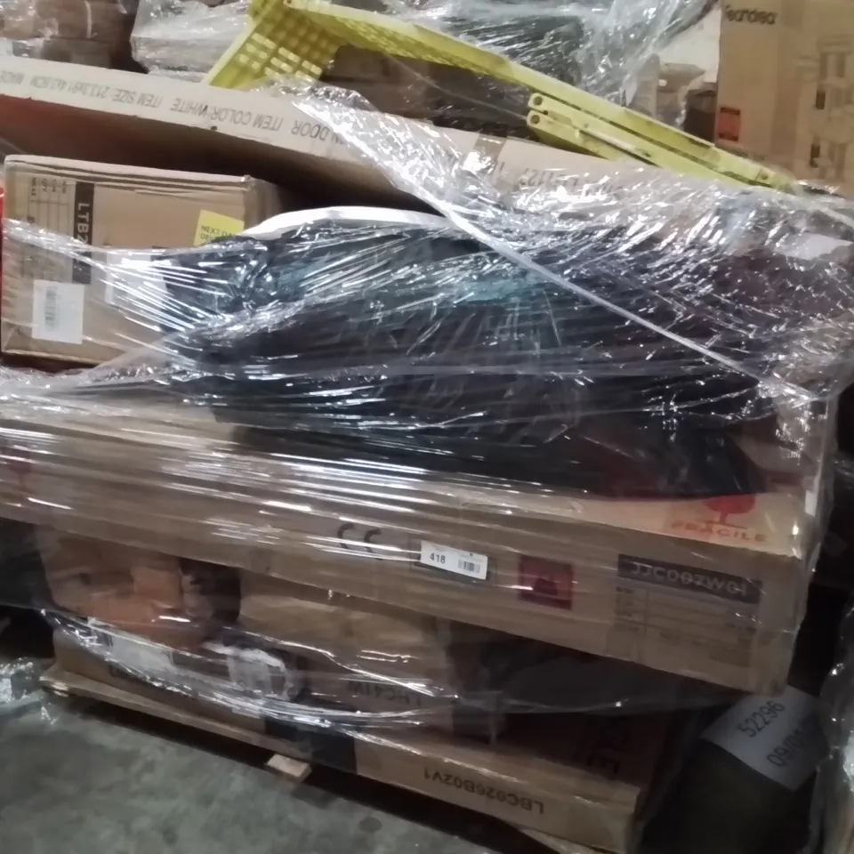 PALLET OF ASSORTED HOUSEHOLD GOODS AND PRODUCTS TO INCLUDE;TV STAND,TRASH CAN,MOBILE AIR CONDITIONING WINDOW SEALING KIT
