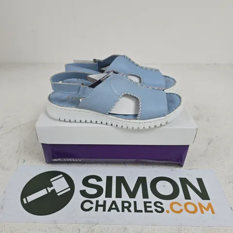 BOXED PAIR OF LOTUS LEATHER OPEN TOE SHOES IN SKY BLUE - SIZE 38