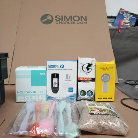 TOTE OF APPROXIMATELY 7 ASSORTED ITEMS INCLUDING GLUCO RX Q BLOOD GLUCOSE MONITORING SYSTEM, BOTTLED JOY D33 HOLIDAY DUNDUN AND TURBINE HAND-HELD MINI FAN