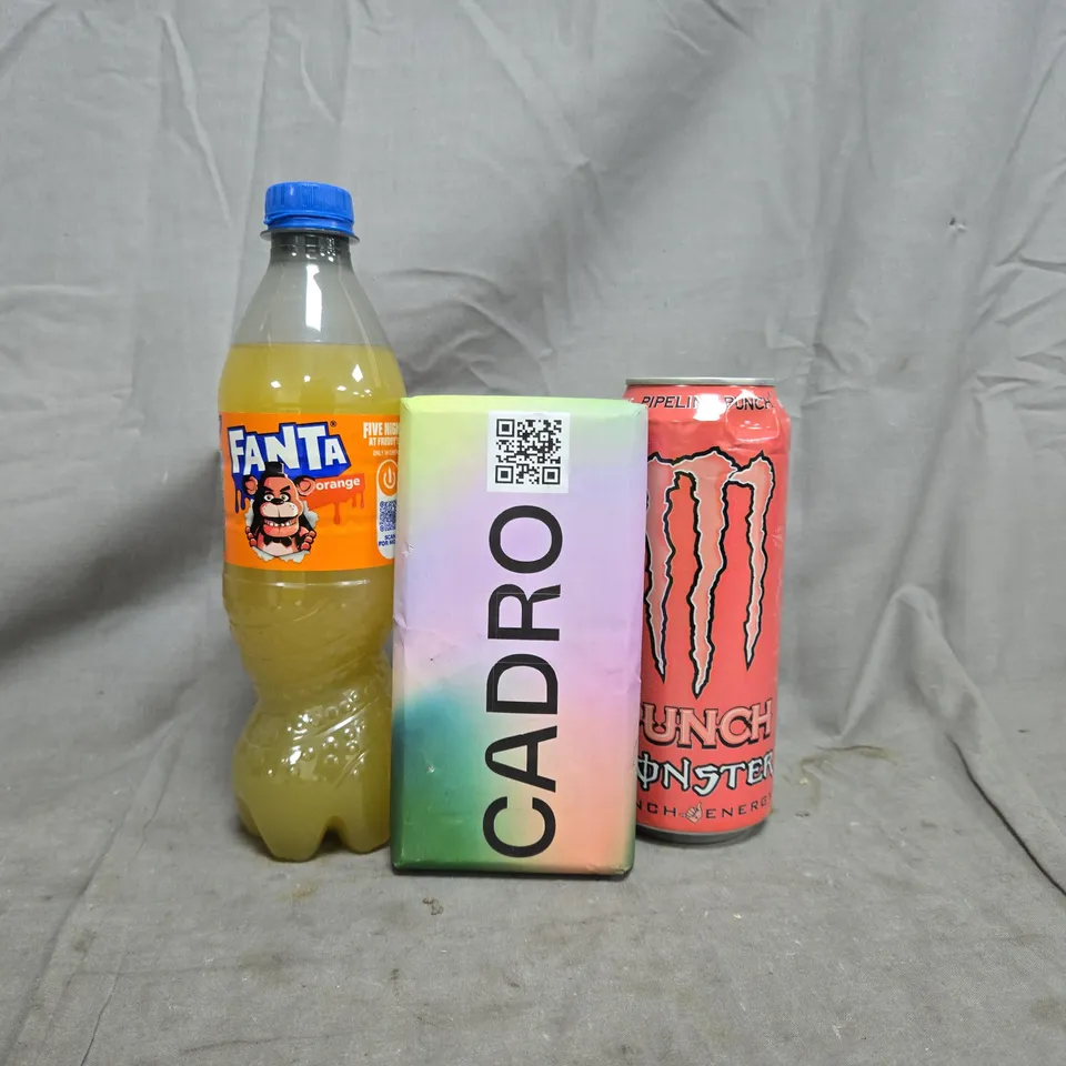 APPROXIMATELY 8 ASSORTED FOOD AND DRINK ITEMS TO INCLUDE MONSTER PUNCH, FANTA, ETC