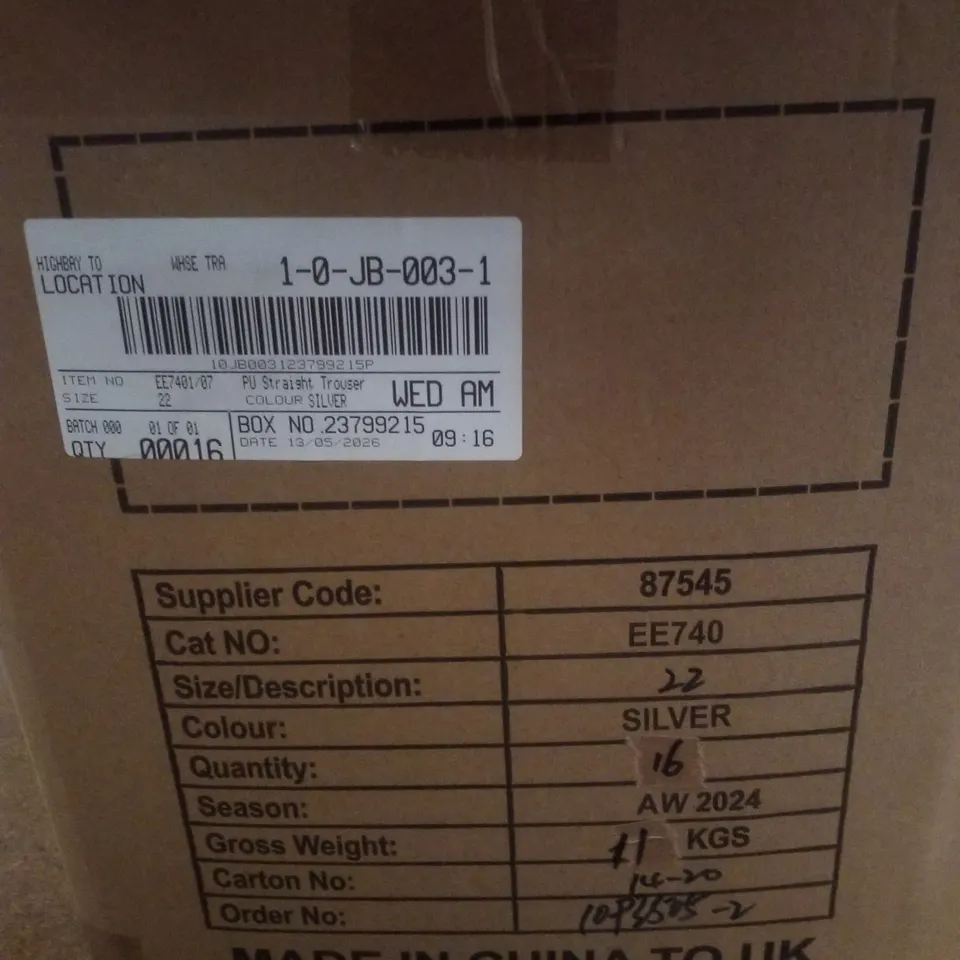 BOX CONTAINING APPROXIMATELY 16 BRAND NEW JD WILLIAMS SILVER PU STRAIGHT TROUSERS - SIZE 22