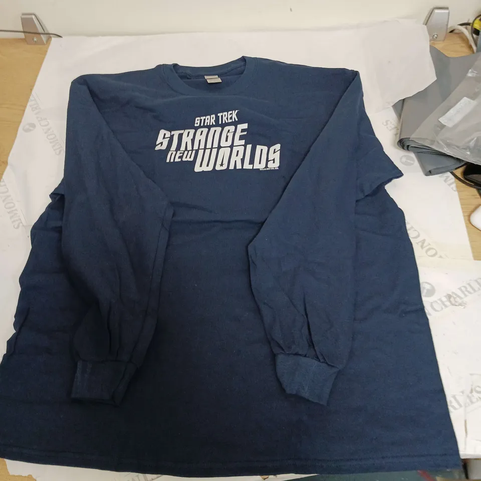 GILDAN ULTRA COTTON LONG SLEEVED TOP STAR TREK STRANGE NEW WORLDS NAVY SIZE XL 