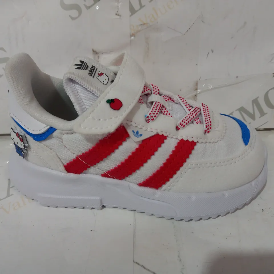 BOXED PAIR OF ADIDAS HELLO KITTY RETROPY F2 CF EL I BABY SHOES IN WHITE/RED/BLUE UK SIZE 6K