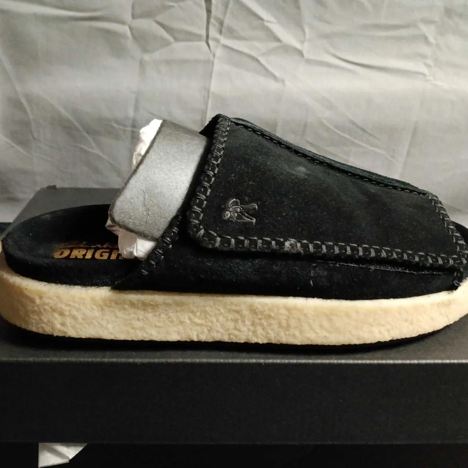 BOXED PAIR OF CLARKS BLACK SUEDE SLIDE SANDAL  - UK SIZE 6