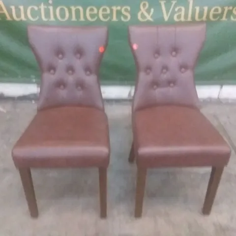 SET OF 2 BEWLEY CLUB BROWN LEATHER BUTTON BACK DINING CHAIRS (DARK OAK LEG)