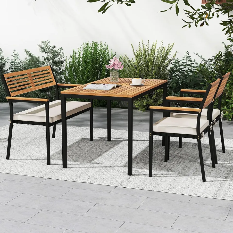 BOXED 4 PIECES PATIO DINING TABLE SET, OUTDOOR RECTANGLE TABLE W/LOVESEAT & 2 STACKABLE CHAIRS, CUSHIONS, UMBRELLA HOLE, ACACIA WOOD ARMRESTS & TABLETOP (2 BOXES)
