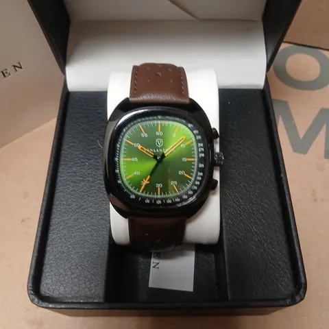 VONLANTHEN WRISTWATCH – GREEN DIAL, BROWN LEATHER STRAP, BOXED