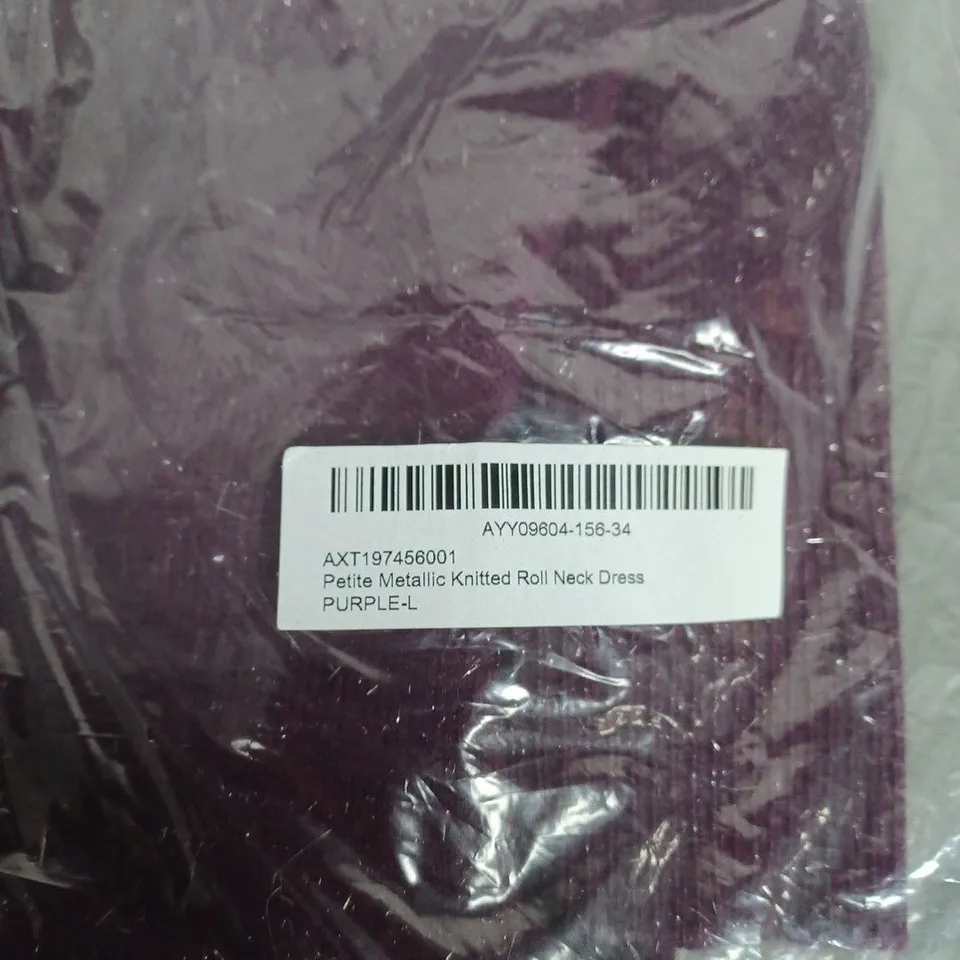WALLIS PETITE METALLIC KNITTED ROLL-NECK DRESS – PURPLE, SIZE L (BAGGED)