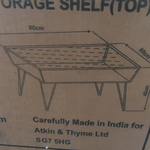BOXED ATKIN AND THYME ETCHED COFFEE TABLE WITH STORAGE SHELF - GLASS TOP, IRON BASE (2 BOXES)
