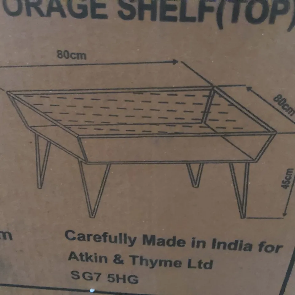 BOXED ATKIN AND THYME ETCHED COFFEE TABLE WITH STORAGE SHELF - GLASS TOP, IRON BASE (2 BOXES)