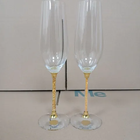 BOX OF APPROXIMATELY 10 ELEGANT GOLDEN CRYSTALS CHAMPAGNE GLASSES - 2 GLASSES PER BOX 