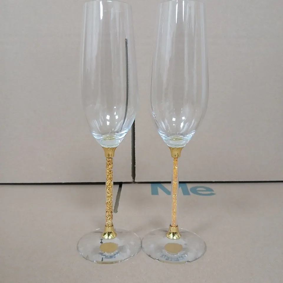 BOX OF APPROXIMATELY 10 ELEGANT GOLDEN CRYSTALS CHAMPAGNE GLASSES - 2 GLASSES PER BOX 