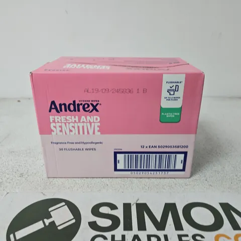 BOX OF ANDREX FRESH AND SENSITIVE HYGIENE WIPES