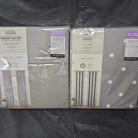 APPROXIMATELY 10 SEALED HIDDEN TAB TOP PELMET TASSEL CURTAINS GREY AND EYELET PRINTED CURTAINS POLKA DOTS
