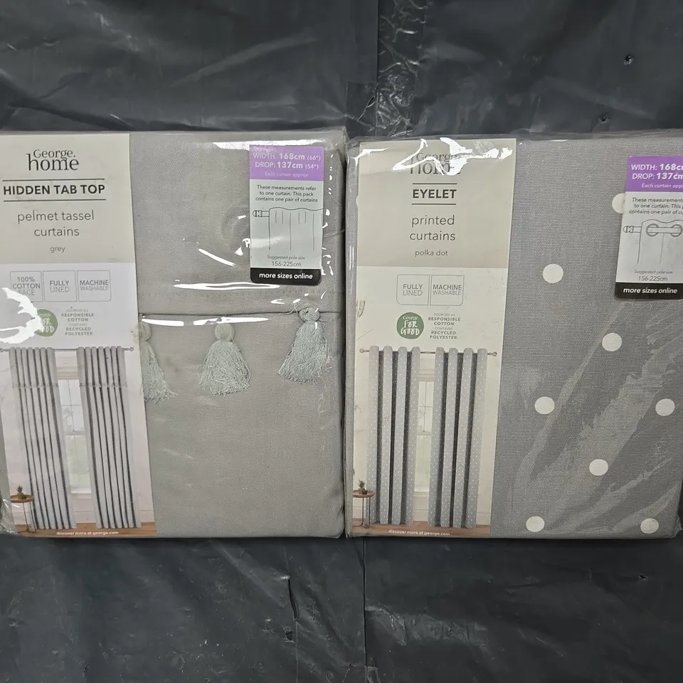 APPROXIMATELY 10 SEALED HIDDEN TAB TOP PELMET TASSEL CURTAINS GREY AND EYELET PRINTED CURTAINS POLKA DOTS