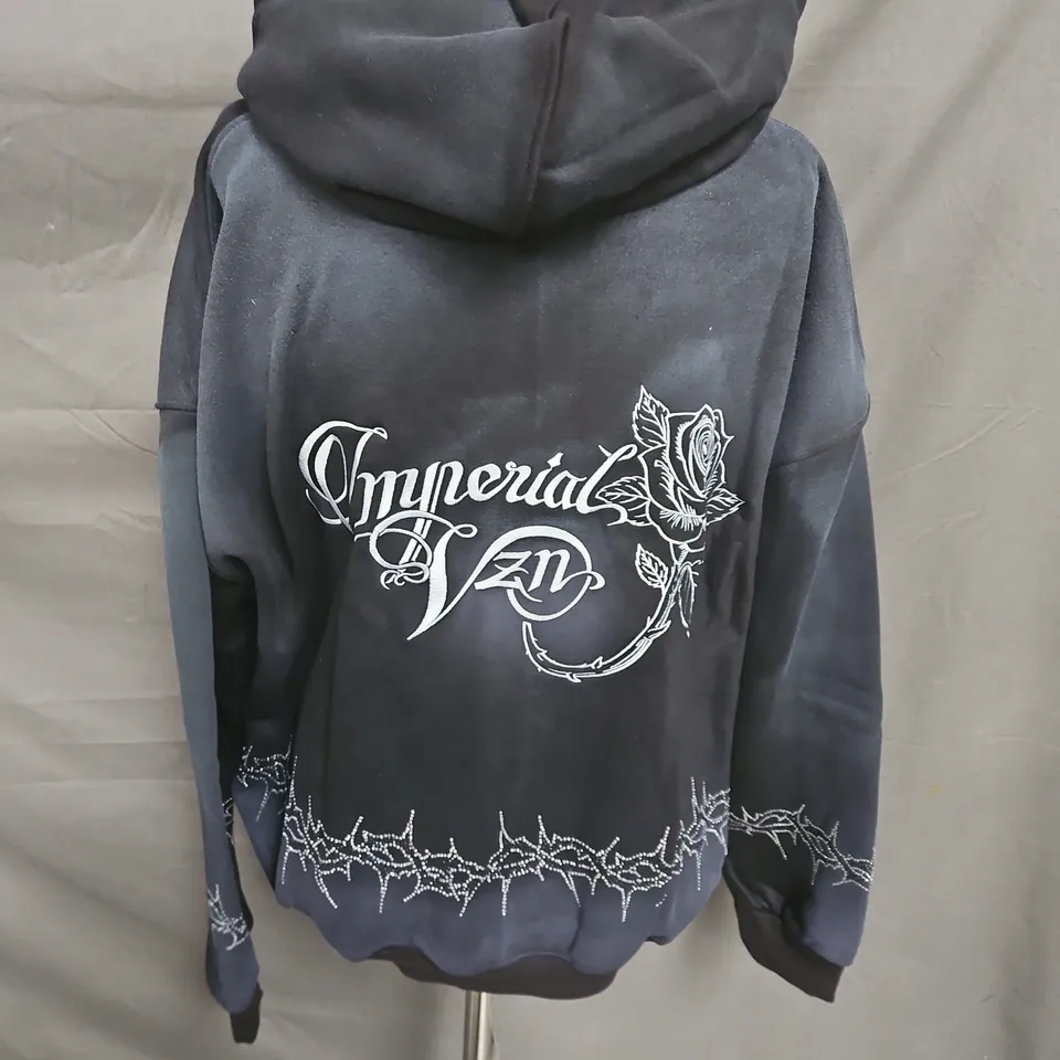 IMPERIAL VZN RHINESTONE EMBROIDERED HOODED ZIP UP JACKET IN FADED BLACK SIZE L/XL