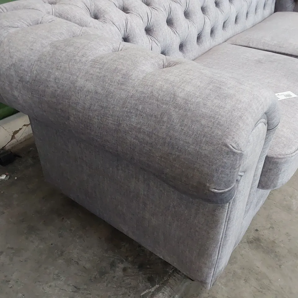 DESIGNER THREE SEATER CHESTERFIELD SOFA GREY PLUSH FABRIC 