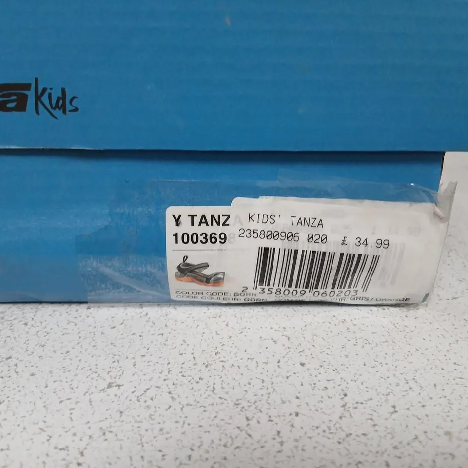 TEVA KIDS TANZA SANDALS – GREY/BLACK WITH ORANGE OUTSOLE, BOXED