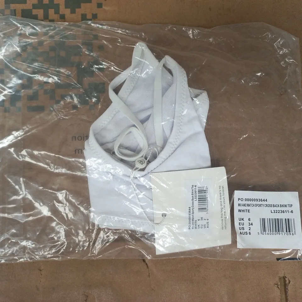 BAGGED MISSGUIDED MIX AND MATCH SPORTY CROSS BACK BIKINI TOP IN WHITE SIZE UK 6