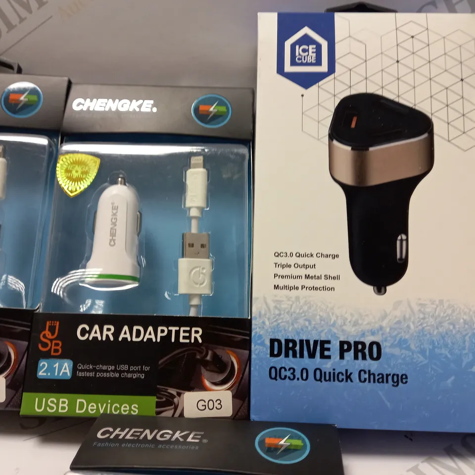 LOT OF APPROXIMATELY 6 CAR ADAPTERS OF 3 TYPES TO INCLUDE 1 ICECUBE DRIVE PRO QC3.0 QUICK CHARGE, 1 ICECUBE DRIVE CAR CHARGER 2.4A, 4 CHENGKE 2.1A CAR ADAPTERS (G03)