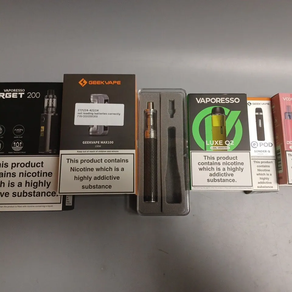 APPROXIMATELY 15 ASSORTED E-CIGARETTE PRODUCTS TO INCLUDE GEEK VAPE, VAPORESSO, VOOPOO ETC