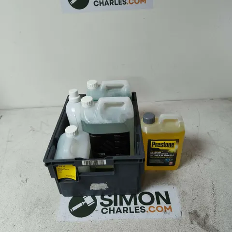 TOTE OF APPROXIMATELY 5 ASSORTED LIQUIDS TO INCLUDE: PRESTONE CONCENTRATE SCREEN WASH
