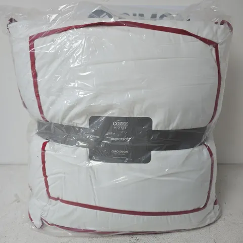 COZEE HOME SUPERSOFT EURO SHAMS – WHITE WITH BURGUNDY PIPING