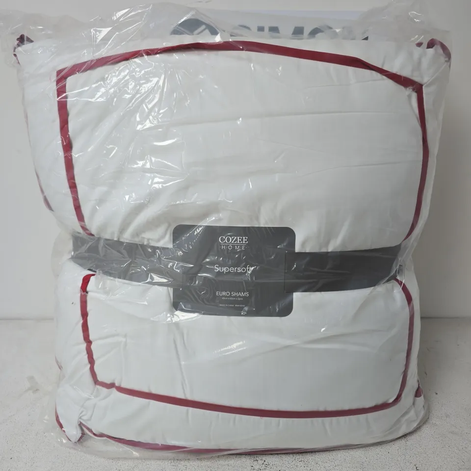 COZEE HOME SUPERSOFT EURO SHAMS – WHITE WITH BURGUNDY PIPING